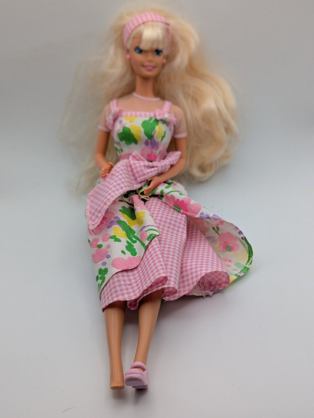 1990s Barbie Floral Pink Gingham Dress China